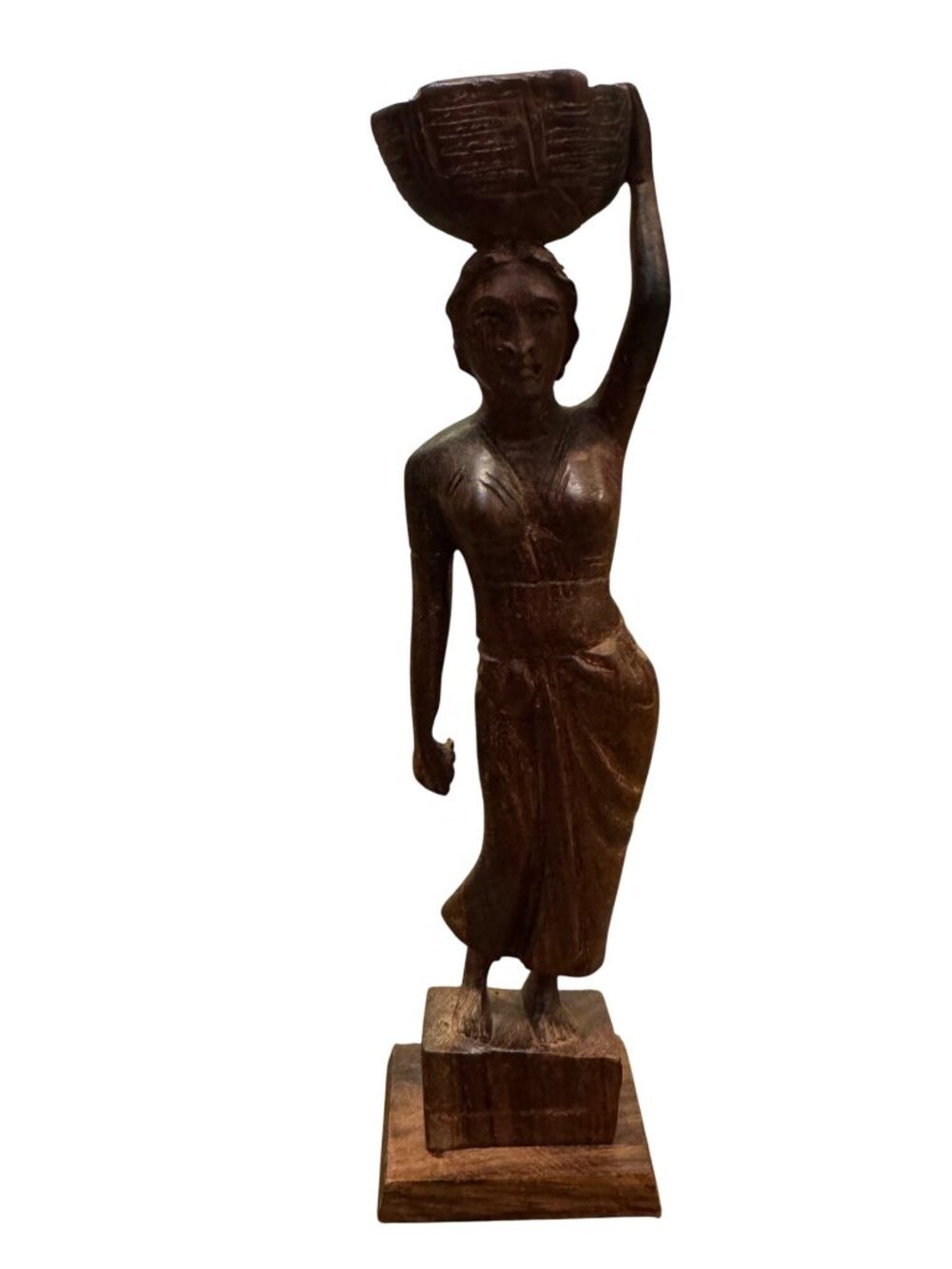 Antique Old Wooden Hand Carved Statue Woman With Basket On Head Statue